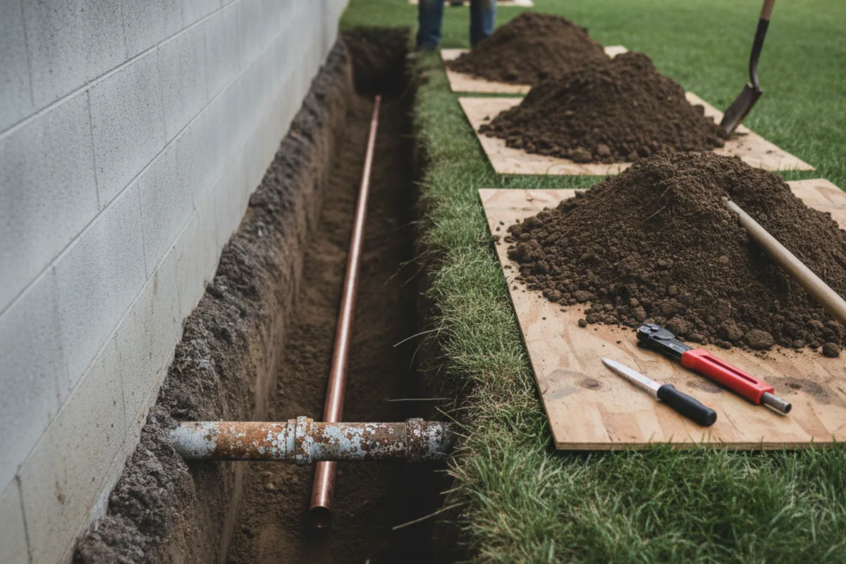 Excavated water line trench during Water Softener Installation in Sagaponack